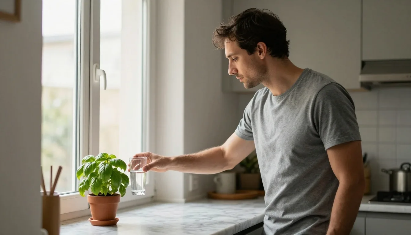 A man at his morning routine near a sunlit window