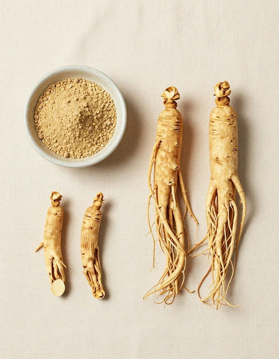 Dried ginseng roots and maca root powder on linen