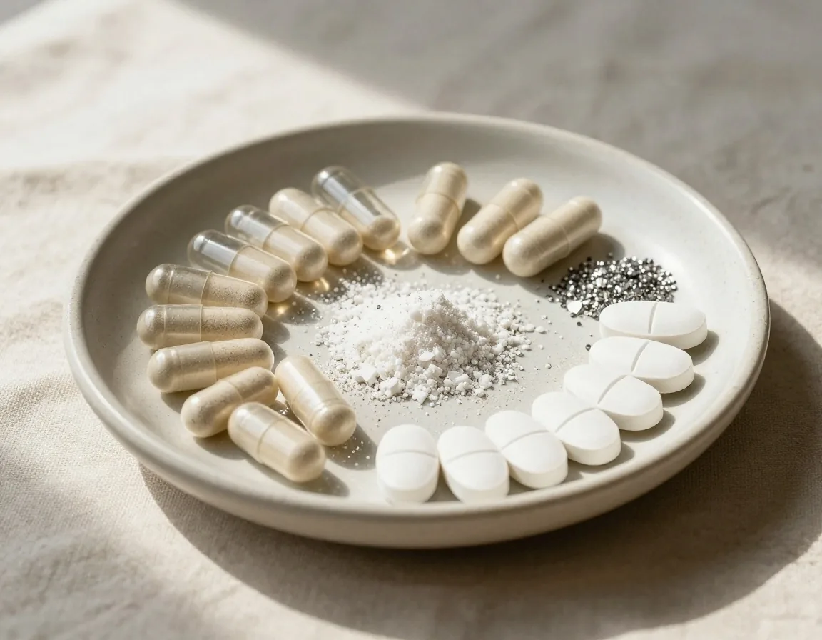 Vitamins and mineral capsules arranged on linen