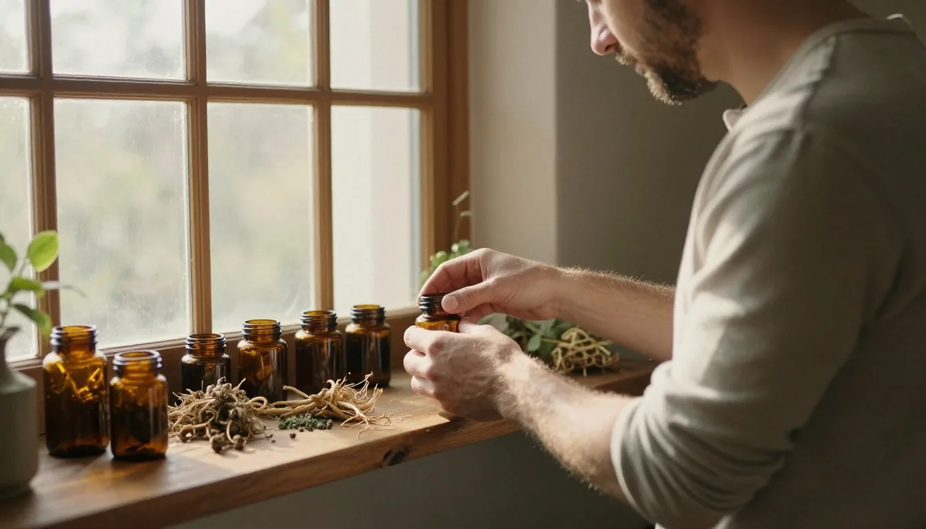 Botanical specimens arranged on a desk near a window in warm afternoon light